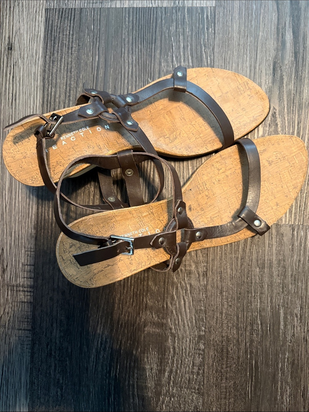 Kenneth Cole Reaction Dark Brown Leather Strappy Cork Sandals